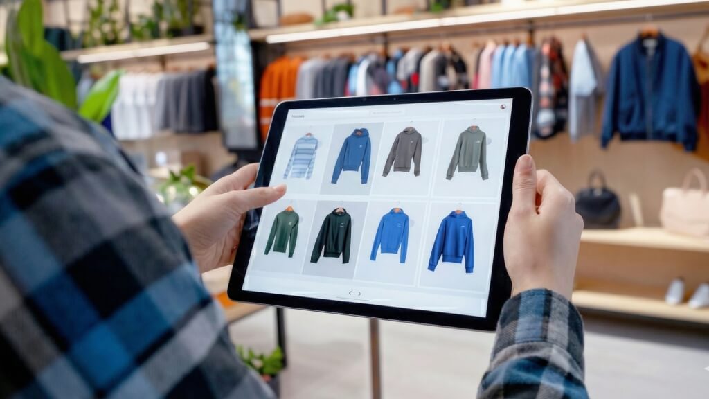 Empreendedor em loja física olhando para um tablet com site da empresa aberto, analisando a importância de ter um site